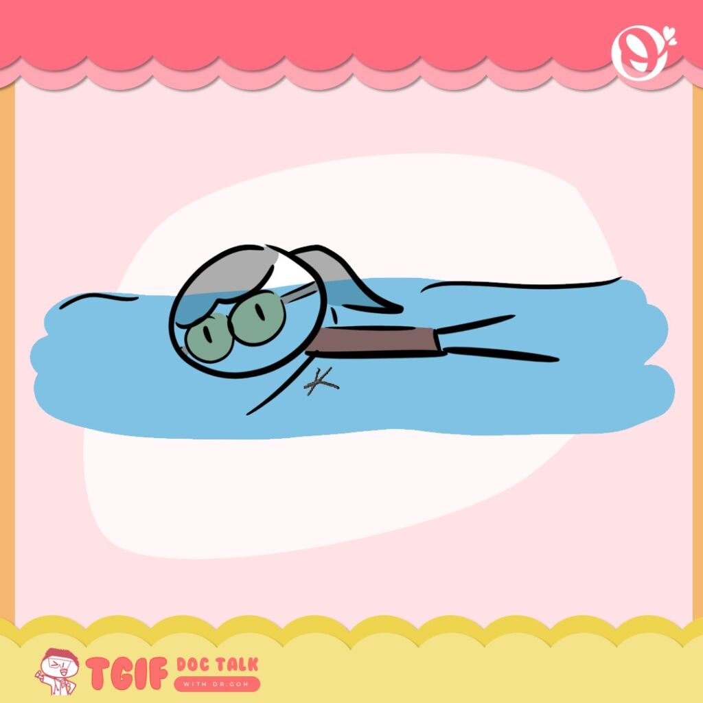 Illustration of an elderly lady doing light swimming to reduce joint pain risk, also known as arthritis