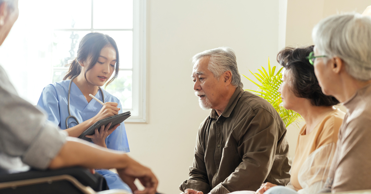Senior man getting mini mental state examiniation for dementia