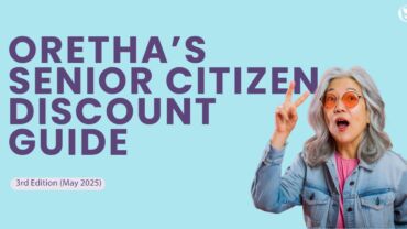 Illustration of an elderly lady showing a peace sign to celebrate the release of the May 2025 edition of the Oretha's Senior Citizen Discount Guide