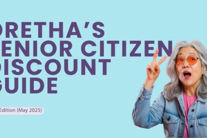 Illustration of an elderly lady showing a peace sign to celebrate the release of the May 2025 edition of the Oretha's Senior Citizen Discount Guide