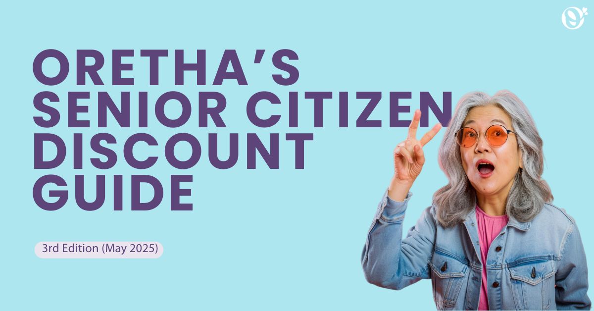 Illustration of an elderly lady showing a peace sign to celebrate the release of the May 2025 edition of the Oretha's Senior Citizen Discount Guide