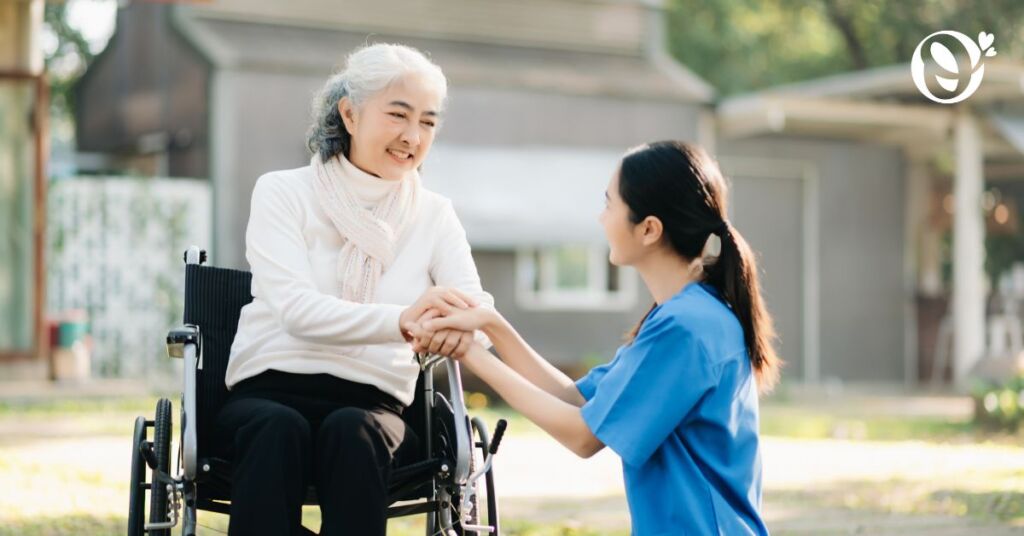 Image of an elderly being cared with love and heart by a medical professional