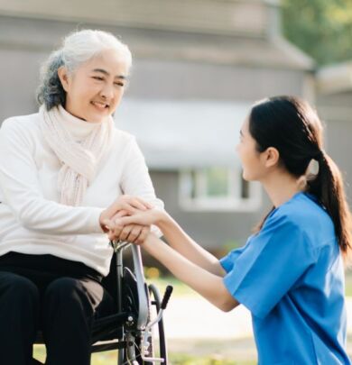 Image of an elderly being cared with love and heart by a medical professional